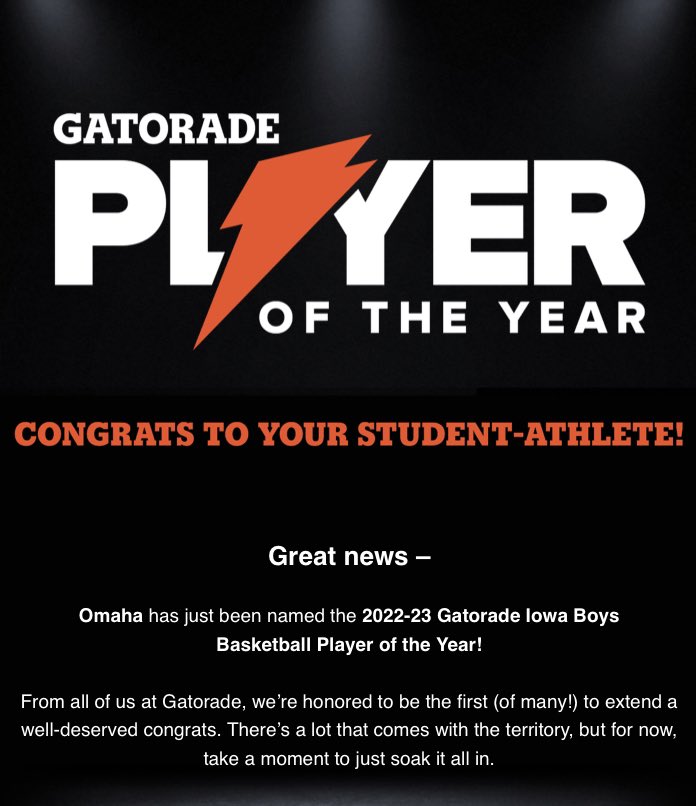 Congrats to Senior Omaha Biliew on winning the 2022-2023 Gatorade Iowa Boys Basketball Player of the Year!