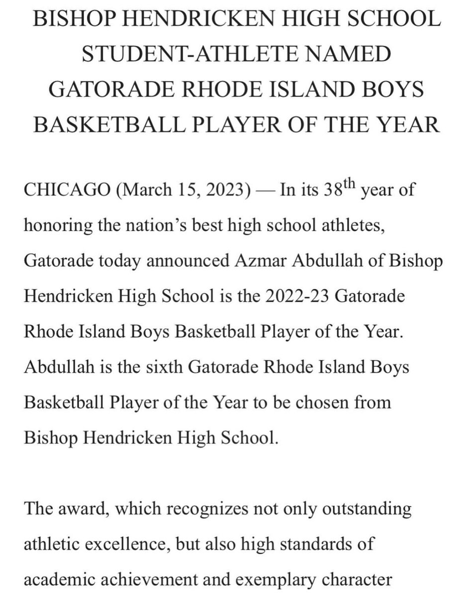 Congratulations to Bishop Hendricken 6’3 Point Guard, Azmar Abdullah on being named Gatorade Rhode Island Boys Basketball Player Of The Year!

A product of hard work being recognized! <a href="/AzmarAbdullah/">Azmar Abdullah</a> <a href="/HendrickenHawks/">Bishop Hendricken High School</a>