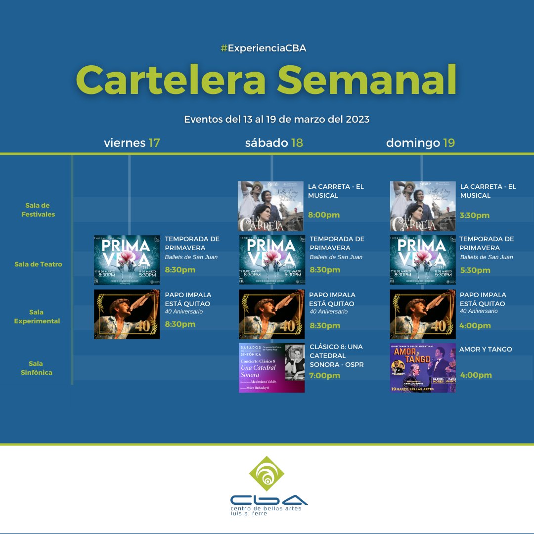 Centro de Bellas Artes, Santurce (@cbasanturce) on Twitter photo #CarteleraCBA | Eventos para este fin de semana en #CBASanturce.
🎟 Adquiere tus boletos de 9:00am a 5:00pm en nuestra boletería, llamando al 787-620-4444 o a través de cba.pr.gov.
Más opciones de boletos en @Ticketera o <a href="/ticketcenterpr/">Ticket Center</a> #CarteleraCBA | Eventos para este fin de semana en #CBASanturce.
🎟 Adquiere tus boletos de 9:00am a 5:00pm en nuestra boletería, llamando al 787-620-4444 o a través de cba.pr.gov.
Más opciones de boletos en @Ticketera o <a href="/ticketcenterpr/">Ticket Center</a>