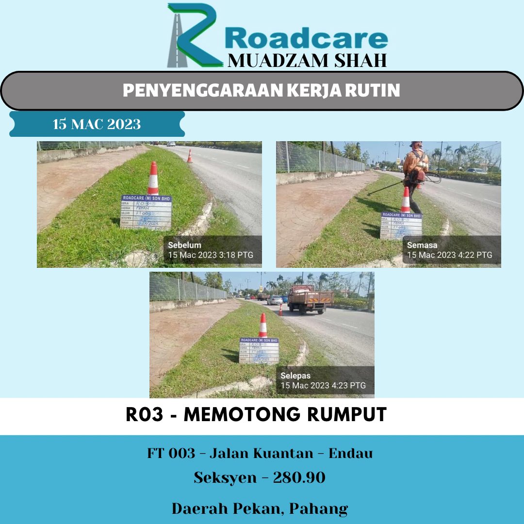 👷🏻‍♂️ #TeamRoadcareMuadzam 🚧
Penyenggaraan Kerja Rutin
R03 - Memotong Rumput

15 Mac 2023
FT 003 - Jalan Kuantan - Endau
Seksyen - 280.90
Daerah Pekan, Pahang

<a href="/JKRMalaysia/">JKR Malaysia</a> 
<a href="/JKRPAHANG/">JKR PAHANG</a> 
<a href="/JKRPekan/">JKR PEKAN</a> 
<a href="/Roadcare_HQ/">ROADCARE (M) SDN BHD</a> 
<a href="/Roadcare_Phg/">ROADCARE PAHANG</a>
