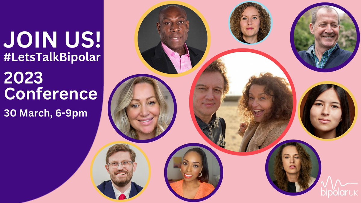 On #WorldBipolarDay, Thurs 30 March, 6-9pm – listen to @frankbrunoboxer, @campbellclaret, @leahcharlesking, @BirdgirlUK, and many more in conversation at our annual online conference. #LetsTalkBipolar, get your free ticket today: eventbrite.com/e/bipolar-diag…