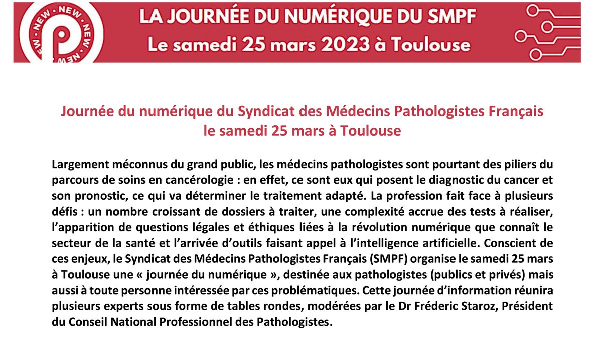 AgenceAttila's tweet photo. [Agenda] Le samedi 25 mars, le @SMPFvox (Syndicat des Médecins #Pathologistes Français) organise une "Journée du numérique" à #Toulouse ! Cette journée d’information réunira plusieurs experts sous forme de tables rondes. Programme &amp; inscription ci-dessous ⬇️ #anapath #cancer #IA https://t.co/v9mQdRBZ5G