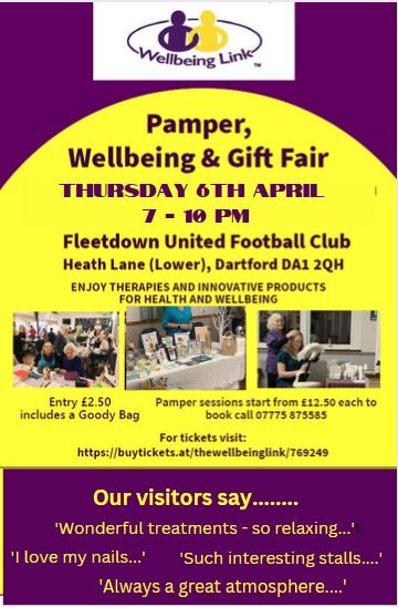 LinkWellbeing's tweet photo. Join us for #Spring Pamper, Wellbeing &amp; Gift Fair on Thursday 6th April 2023 from 7pm-10pm at @FleetdownFC. 

For tickets visit: https://t.co/si44tbMGwa 

#wellbeing #dartford https://t.co/gnVPnJrwIp