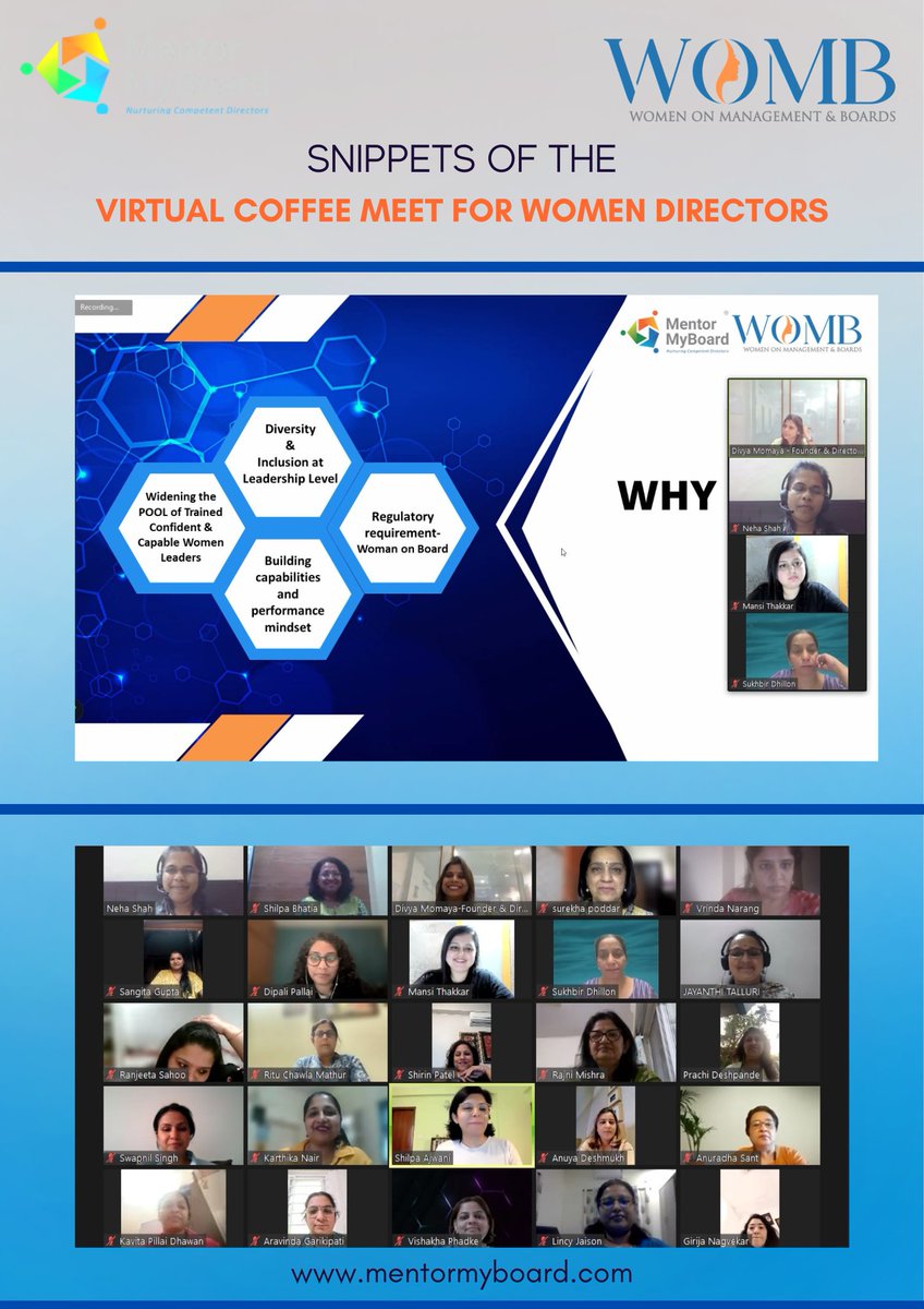 Snippets of the
Virtual #CoffeeMeet for #womendirectors
.
.
.
 Keep adding your name to the pool till we reach 2500 WOMEN LEADERS OF INDIAN CORPORATE WORLD who are ready for Board Positions by being part of the WOMB Pool !
#womb #womendirector #womenonboard #like #Share #comment