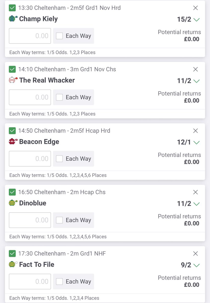 TopCatRaceTips's tweet photo. Todays EW Bets- put them all on ew singles and a EW Lucky31! #cheltenham #CheltenhamFestival #cheltenhamtips #racing #topcattips #retweet #tips #geton #buildthepot #money #WinnersWin https://t.co/yneV6dZq7w