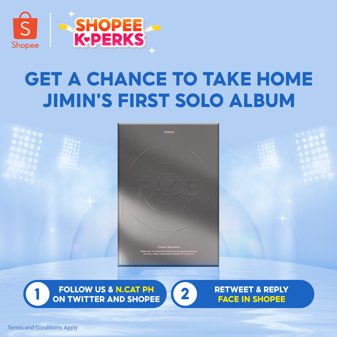 ShopeePH's tweet photo. 💿JIMIN FACE ALBUM GIVEAWAY💿

Hey Bestie, you nice so we’ll keep you going with a chance to WIN Jimin of BTS’ first solo album ✨

To join:
1. Follow https://t.co/EX26c0kIQb
2. Follow us &amp; @ncatphilippines on Twitter
3. Retweet &amp; Reply “FACE in Shopee”

#ShopeePH #ShopeeKPerks https://t.co/14gp9vPuyH