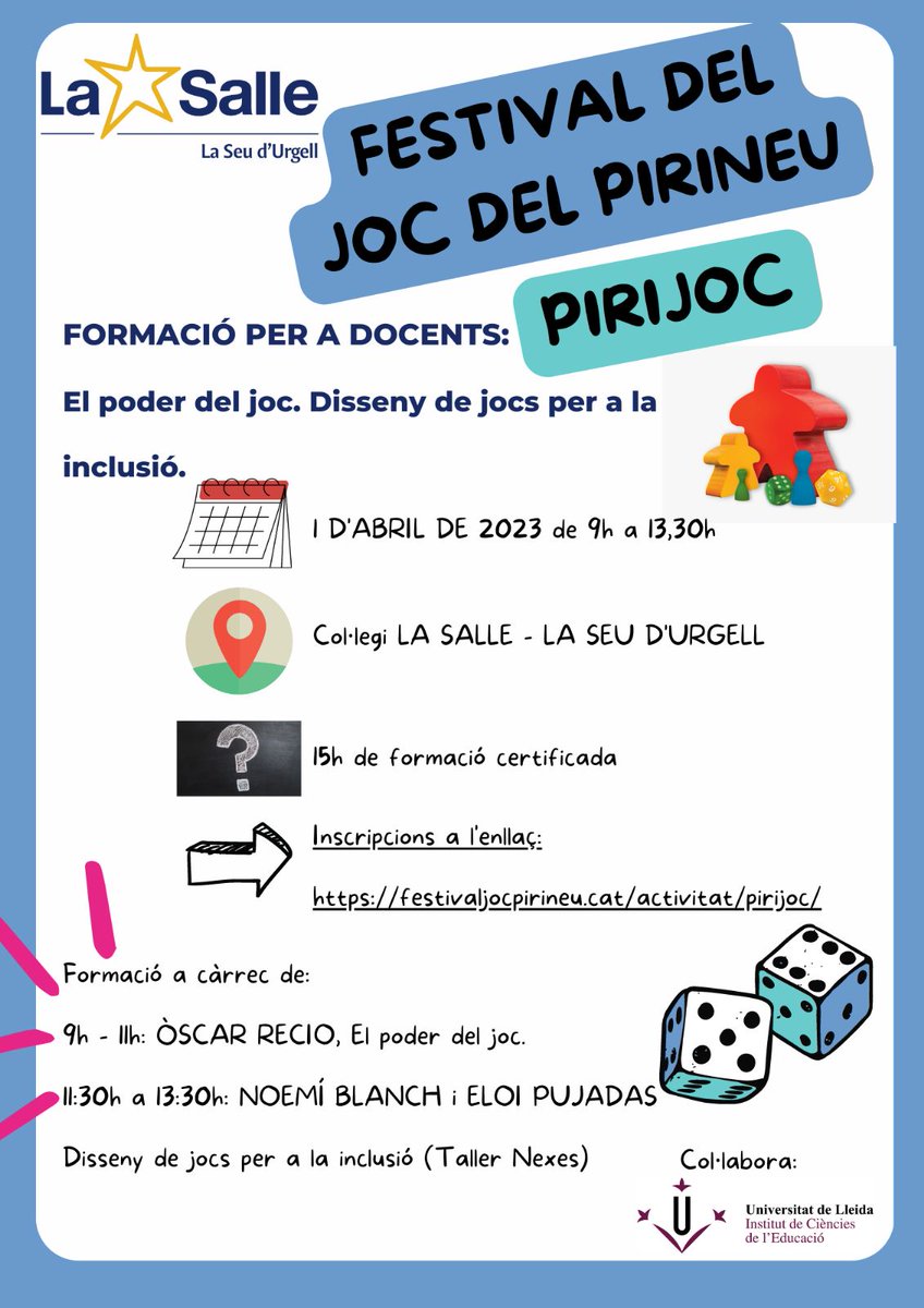 LaSalleLaSeu's tweet photo. 📢 Ja el tornem a tenir aquí!
PIRIJOC 2023. DOCENTS, no us podeu perdre aquesta formació, a càrrec d'@OscarRecioColl @Noeblanch i @eloipujadas 
🗓️ 1 d'abril al Col•legi LA SALLE de la Seu d'Urgell
🌟 Formació certificada de 15h gràcies a l'@ice_udl
Inscripció data límit 27 març https://t.co/Ld1rrImxqa
