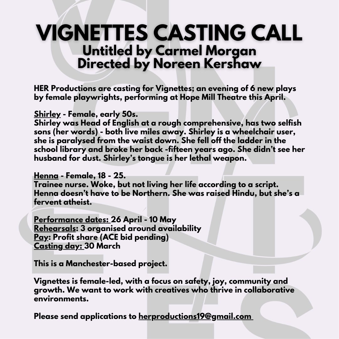 HER Productions (@productions_her) on Twitter photo 👀 CASTING CALL 👀
We are so excited to be casting for our final VIGNETTE, written by Carmel Morgan and directed by Noreen Kershaw.
Please RT and help us spread the word! Please email herproductions19@gmail.com if interested 💋
<a href="/DANC_UK/">DANC</a> <a href="/CastingsFind/">Share/Find Castings</a> <a href="/ActorsOfColor/">CastingActorsOfColor</a> 👀 CASTING CALL 👀
We are so excited to be casting for our final VIGNETTE, written by Carmel Morgan and directed by Noreen Kershaw.
Please RT and help us spread the word! Please email herproductions19@gmail.com if interested 💋
<a href="/DANC_UK/">DANC</a> <a href="/CastingsFind/">Share/Find Castings</a> <a href="/ActorsOfColor/">CastingActorsOfColor</a>