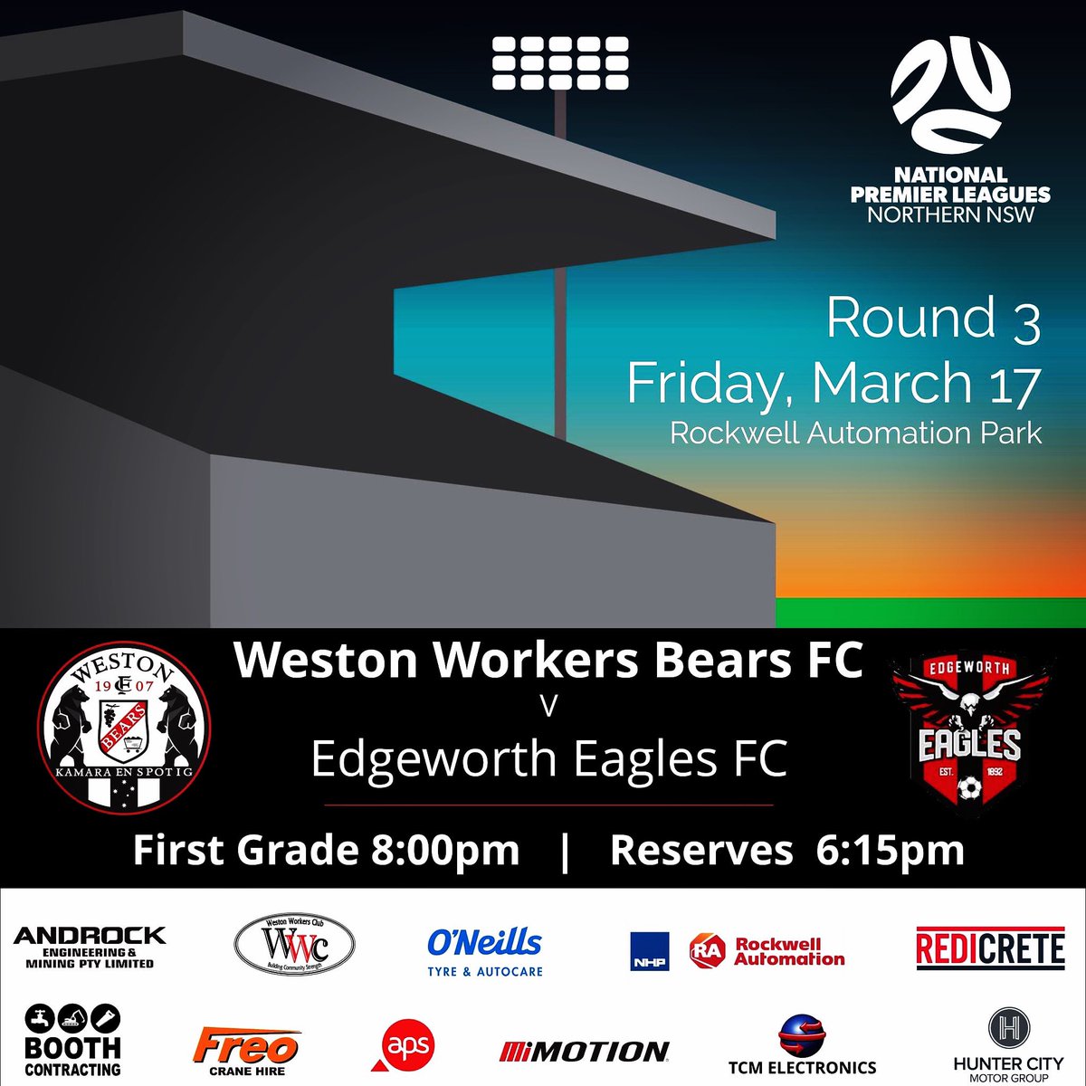 - Friday night | Under lights - 
The Bears host old rivals Edgeworth, under lights, at Rockwell Automation Park - Home of the Bears
With both sides coming of excellent wins a classic is in store for everyone.
1st 8:00pm
Res 6:15pm