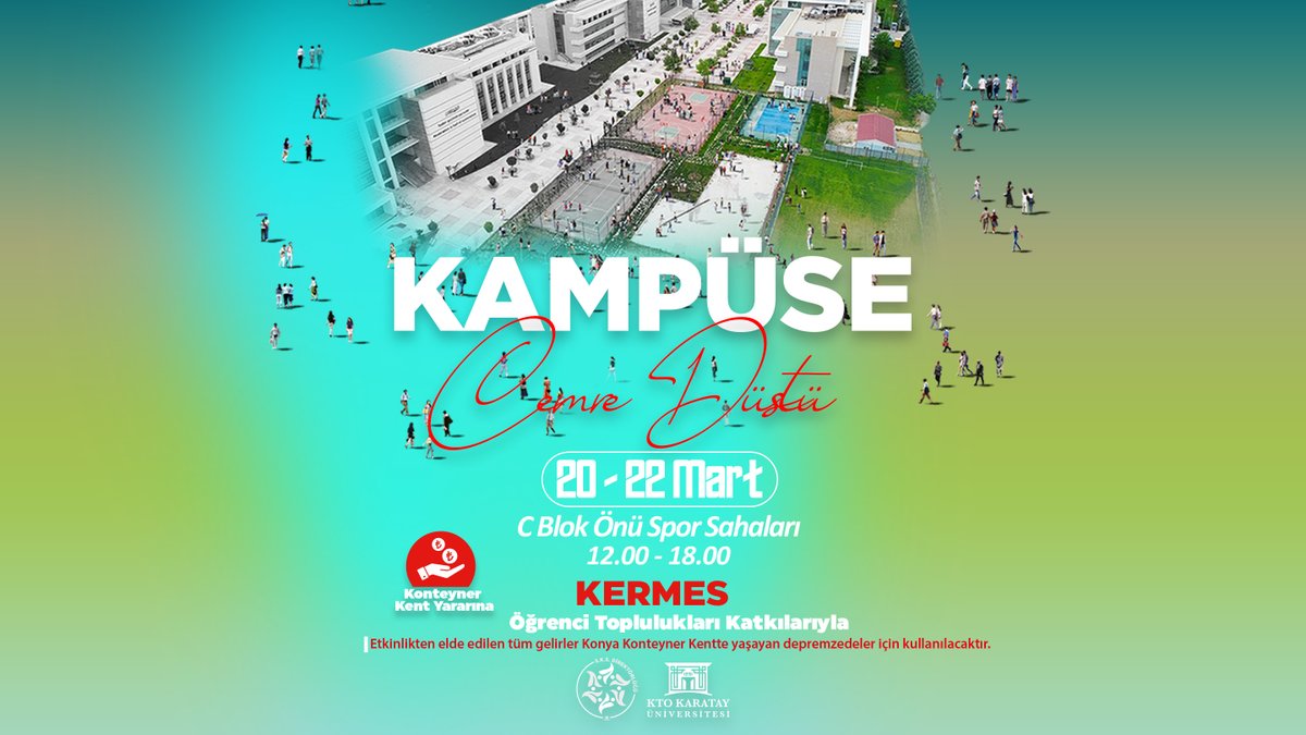 Bu bir ❝İyilik❞ Hareketidir.

Öğrenci topluluklarımızın organizasyonunda 2⃣0⃣➖2⃣2⃣ Mart tarihlerinde C Blok Spor Sahalarında kurulacak olan kermesimizden elde edilecek tüm gelirler Konya Konteyner Kentte yaşayan depremzedeler yararına kullanılacaktır.

⏰12.00-18.00