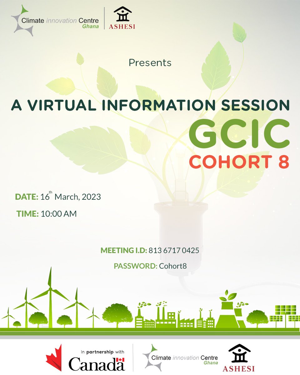 GhaCIC's tweet photo. Join us tomorrow, on zoom at 10am to find out all about joining the next cohort of the GCIC Business Incubator! Click on the link below to join https://t.co/4PhaljK8Wu
#GCIC #GCICIncubator #GCICCohort8 #CallforApplicants #CanadaDev #Ashesi #ClimateAction #Climateadaptation https://t.co/UG9xrBLq5L