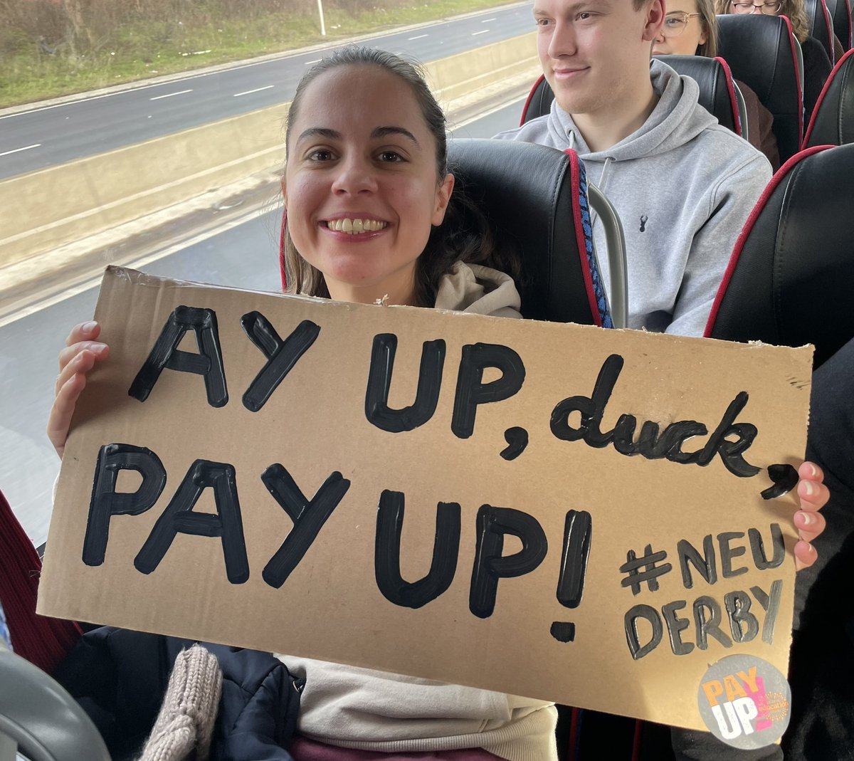 NEUEastMidlands's tweet photo. We love placards 🪧 in our local vernacular! Ay, up duck #PayUp! a message to Rishi from #Normanton #Derby #EastMidlands #TeacherStrike #NEU https://t.co/h5CMeXzKhX