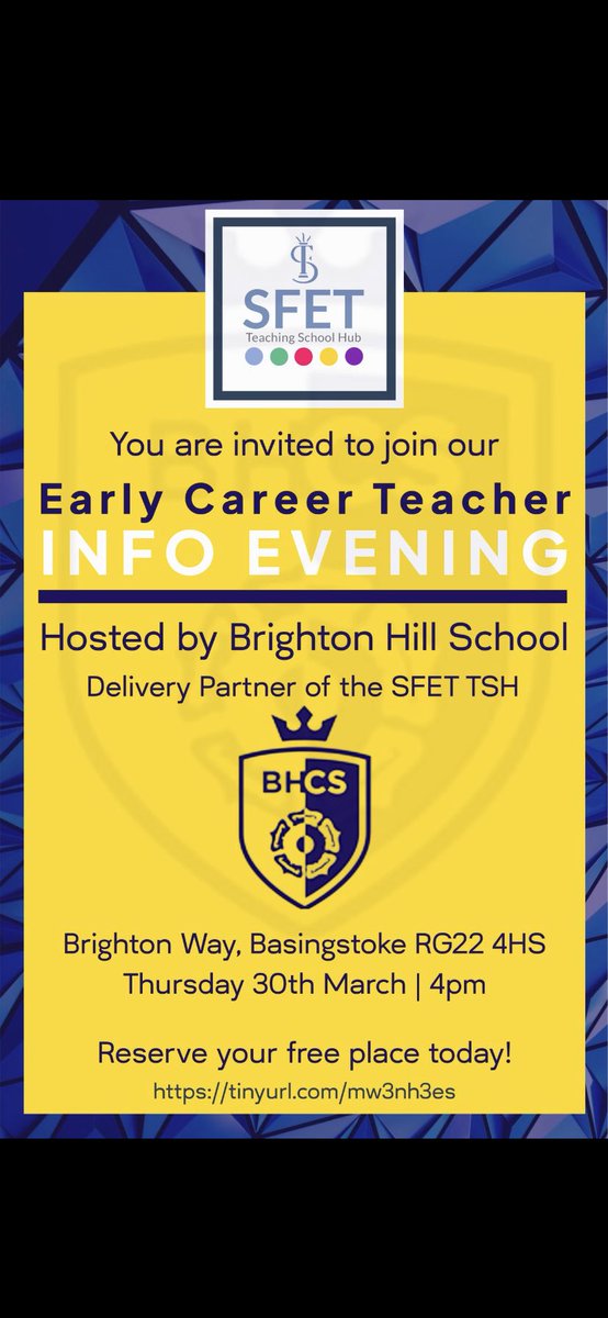 BrightonHillSch's tweet photo. Are you a school in Hampshire needing to change Appropriate Body Services due to the upcoming reforms?  Look no further; join the SFET team at @BrightonHillSch for our ECT Info Evening where we can answer all the questions you have. Book your place today - https://t.co/jZovbUuZsf https://t.co/7L4nz2yHRn