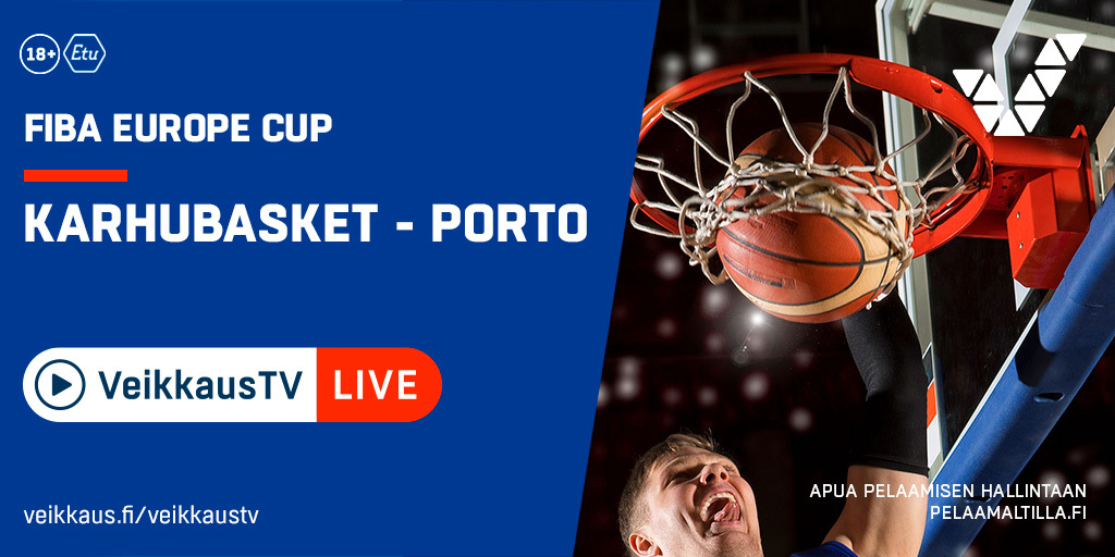 VeikkausTV's tweet image. Tänään #VeikkausTV:ssä 
studio klo 18:00 alkaen, ottelu alkaa klo 18:30.

@Karhubasket - Porto

Matsin selostaa @tapio_suominen 
#koris #FIBAEuropeCup #Karhubasket #Veikkaus