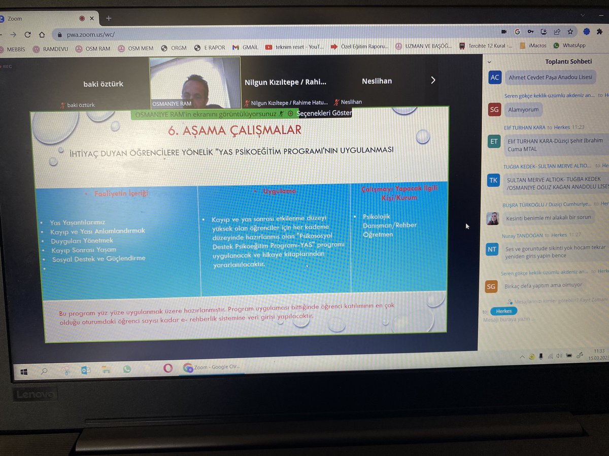 Deprem sonrası okullarda yürütülecek psikoeğitim çalışmalarına ilişkin bölgemizde görev yapmakta olan psikolojik danışman/rehber öğretmenlerimize yönelik çevrimiçi bilgilendirme toplantısı gerçekleştirilmiştir. <a href="/MebOrgm/">Özel Eğitim ve Rehberlik Hiz. Genel Müdürlüğü</a> <a href="/osmaniyeilmem/">Osmaniye İl Millî Eğitim Müdürlüğü</a> @Cemal_Ozdemir67 <a href="/mramazanbarin/">Ramazan Barın</a> <a href="/ALBAKAydn/">Aydın ALBAK</a>