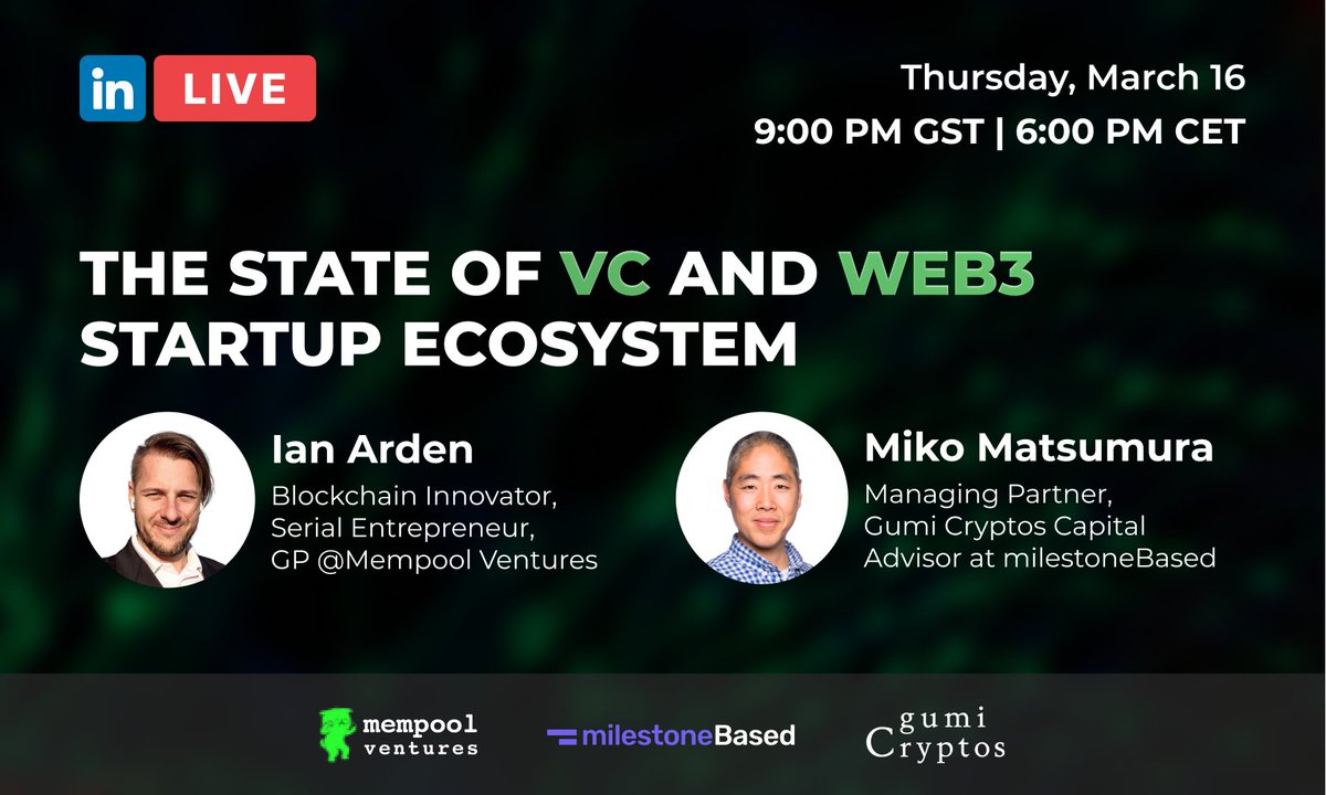 💥On March 16, Ian Arden and Miko Matsumura will hold a live stream to discuss the state of the #VC and #Web3startup ecosystem. 

🚀It is a great opportunity to gain valuable insights from experts in the field.
Don't miss out! lnkd.in/dZmfnpHr

 #web3 #VC #investment