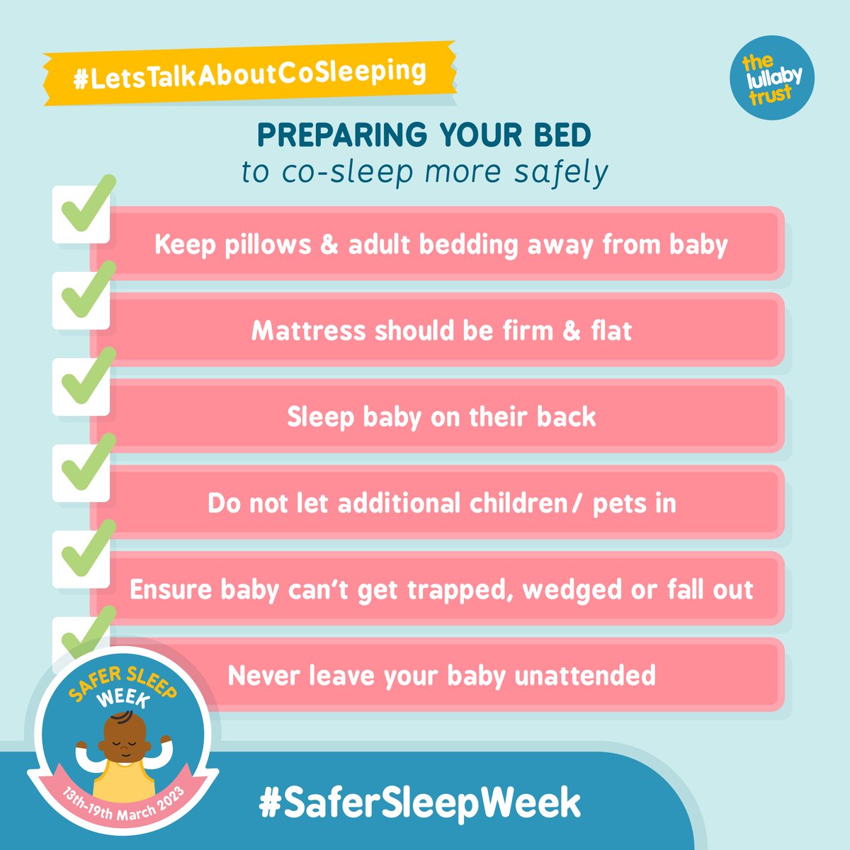 Over half of the parents in our #SaferSleepWeek survey said they weren’t given advice on how to co-sleep more safely by a healthcare professional. Help us get this vital information out. Tag any new/expectant parents you know &amp; share this post far &amp; wide! #LetsTalkAboutCoSleeping
