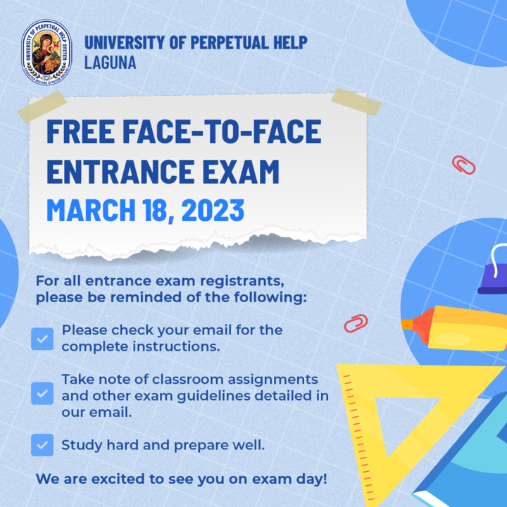 UPHSL_Binan's tweet photo. 📢Attention: Free entrance exam registrants!
Please check your email for the complete instructions on examination guidelines. The University of Perpetual Help System Laguna entrance exam is happening on March 18. https://t.co/hjdz6czs89