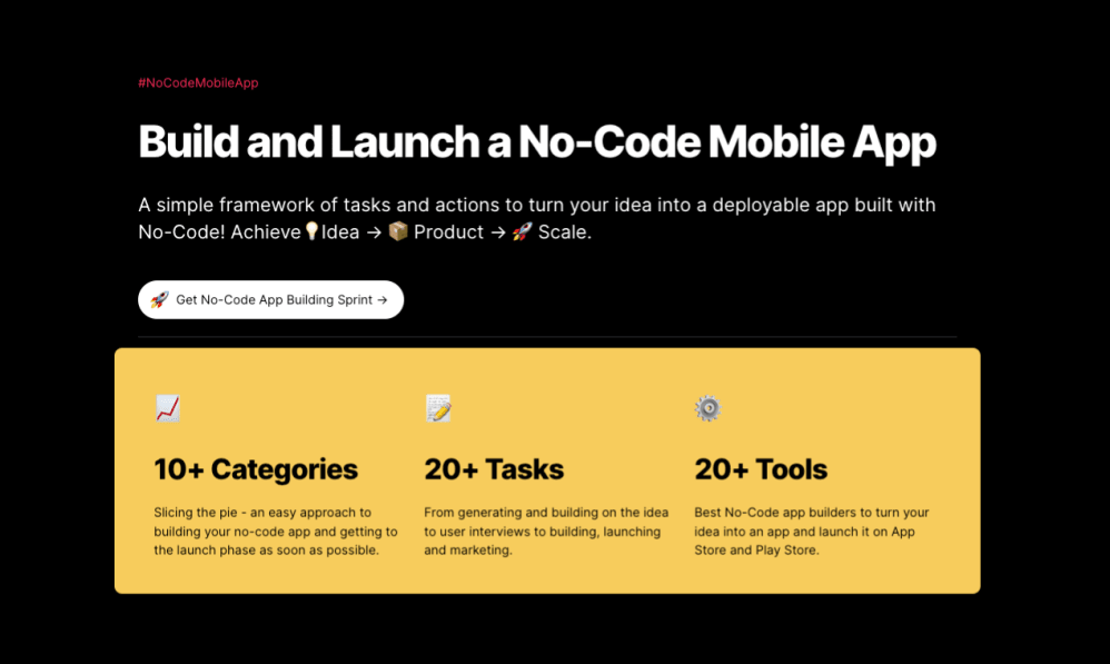 No-Code App Sprint

<a href="/NotionHQ/">Notion</a> 

🗒️ - A simple framework of tasks and actions to turn your idea into a deployable app built with No-Code!

👨‍💻 - <a href="/heygoutham/">Goutham Bandaru</a> 
🔗 - ow.ly/mlmt50Ngnnz
⏺ - ow.ly/1nph50N9jJi

#notiontwt  #notiontemplate #Notion