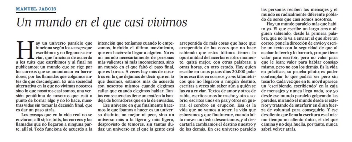 J_clmnte's tweet photo. La columna de @manueljabois sobre un planeta en el que sí se envían los mensajes que escribimos pero terminamos borrando.

Un mundo en el que casi vivimos. https://t.co/zPCMWNQx1s