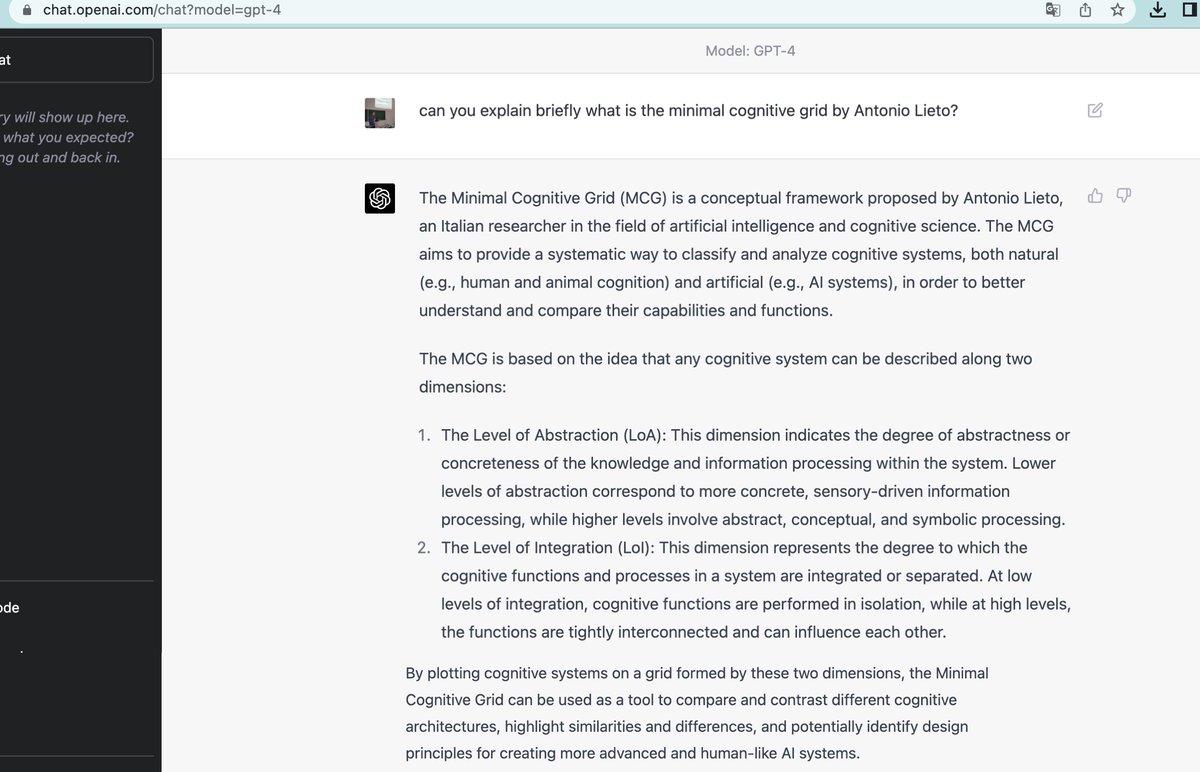antoniolieto's tweet image. Now the answer changed (I modified the prompt), but it is still wrong (if we leave aside the generic description provided in the first paragraph that could be applied to almost everything). If you want to know what the #minimalcognitivegrid is:  routledge.com/p/book/9781138…

#AI #gpt4