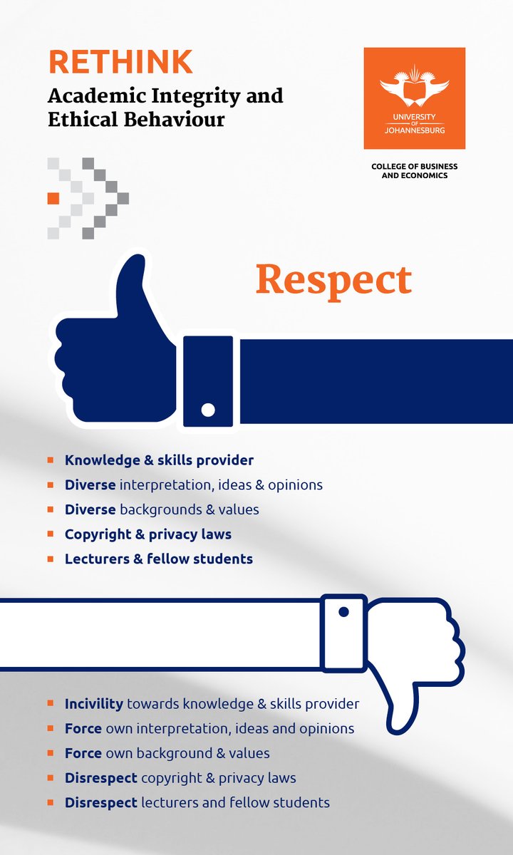 #AcademicIntegrity 

- RESPONSIBILITY
- RESPECT
- HONESTY
- ACCURACY &amp; FAIRNESS
 - CONSEQUENCES

For more info visit: facebook.com/media/set/?set…

#UJ #CBE #LeadersInAccountingEducation