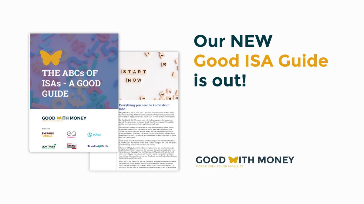 GoodMoneyGirl's tweet photo. Find out how to do something good with your ISA (for you and the planet) before the April 6 deadline ⏰. Download our new guide, The ABCs of ISAs: https://t.co/YGBQoSkmJT @eqinvestors @TheBigExchange_ @triodosuk @LiontrustFuture @ethexuk @energiseafrica #goodISAs #makemymoneygood https://t.co/euPwOFPeoQ