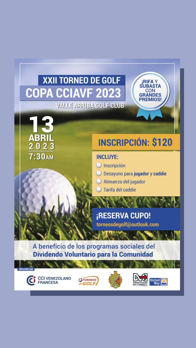 TorneosG's tweet photo. El #13 de abril podrás colaborar con los programas sociales del @DVC_VE gracias al torneo que @cciavf organiza por esta causa. Te esperamos en @vagc_oficial . Escribe a torneosdegolf@outlook.com https://t.co/telQFJQJ6v