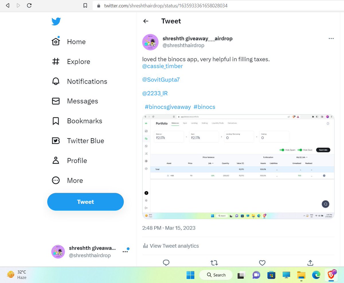 shreshthairdrop's tweet photo. loved the binocs app, very helpful in filling taxes.
@cassie_timber @SovitGupta7 @2233_IR
#binocsgiveaway #binocs.
#binocs
the two best feature are -
1. complete analysis in a single window.
2. users can connect to a large number of exchange. https://t.co/LMEh017FlR