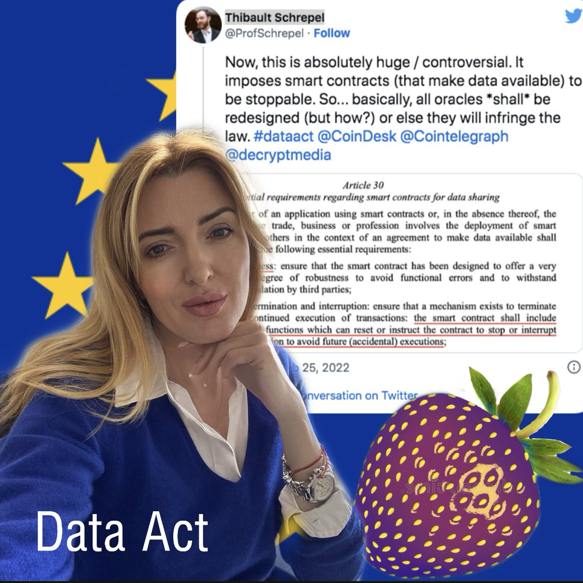 SimsonOlga's tweet photo. 1/6 Breaking down the news on smart contracts regulation under #DataAct in EU 👇

Yesterday, near me in Strasbourg, the European Parliament distinguished itself and voted for the new requirements for #smartcontracts, the so-called “kill switches”, that allow a reset of activity. https://t.co/A8y1mcLu5V