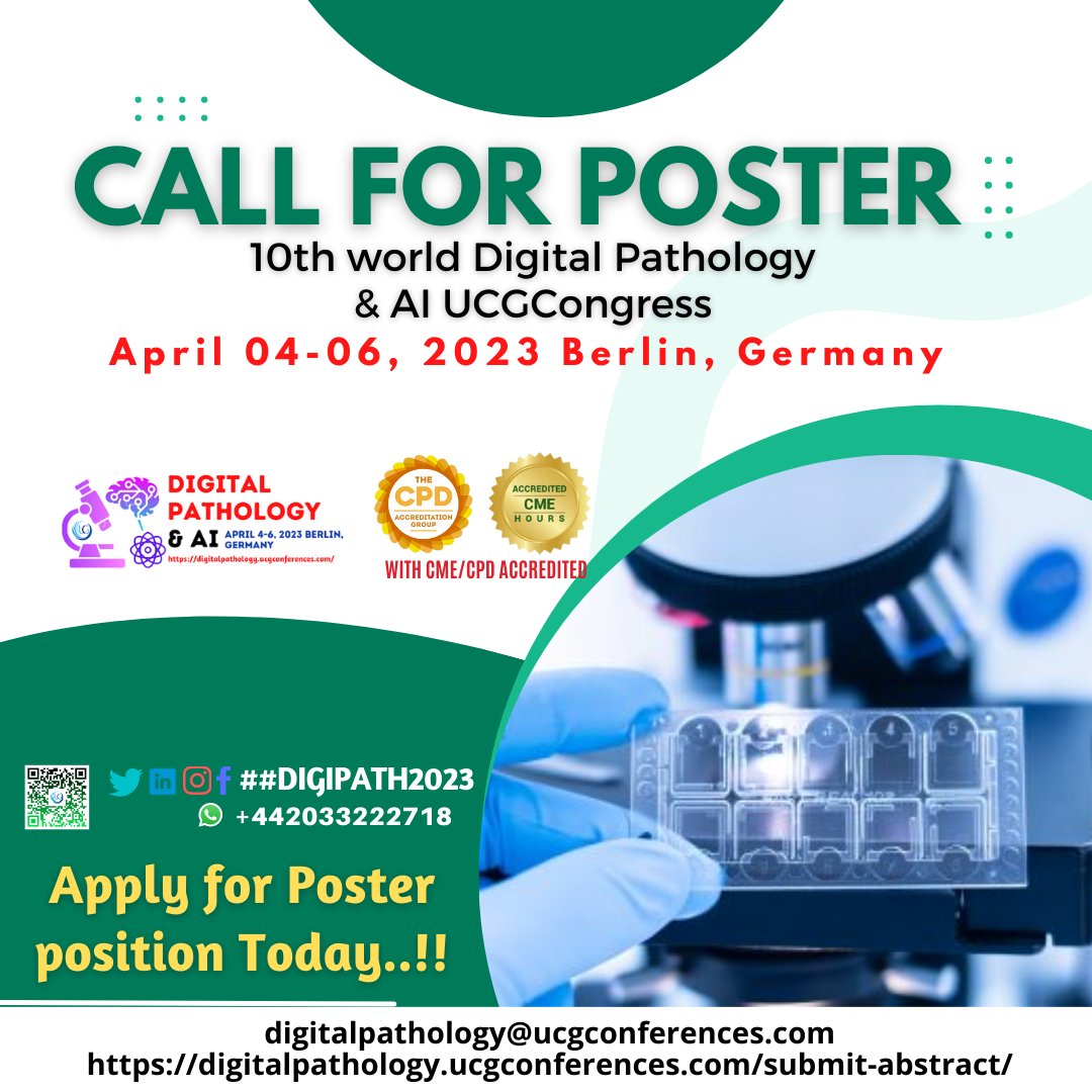 DrKhadijaAlAmi1's tweet image. #SubmitAbstract - Digital Pathology UCGConferences , Now the Registration is open for the CME/CPD accredited 10th World Digital Pathology &amp;amp; AI UCGCongres on April 04-06, 2023 in Berlin, Germany. We are left with a few slots, join ASAP digitalpathology.ucgconferences.com/submit-abstrac…

#Pathology #Patholo
