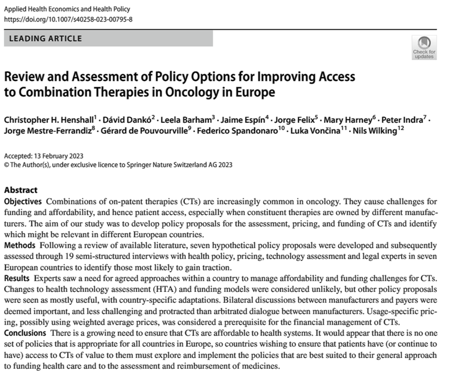 📣📄Delighted to see our paper on policy options for improving access to combination therapies in oncology is out!

And what an A team as co-authors!!

EPDF: rdcu.be/c7lFm  (free)

PDF: link.springer.com/article/10.100…  (fee)

<a href="/leelabarham/">Leela Barham</a> <a href="/jaime_net/">Jaime Espín</a> et al