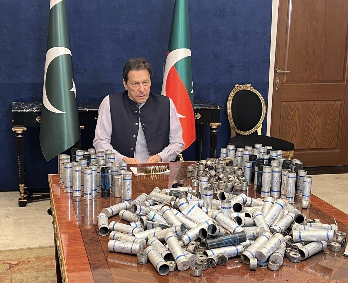 Astonishing scenes in Pakistan where former prime minister <a href="/ImranKhanPTI/">Imran Khan</a> unveils scores of tear gas shells he says were fired at his residence in Lahore by police as supporters block attempts to arrest him