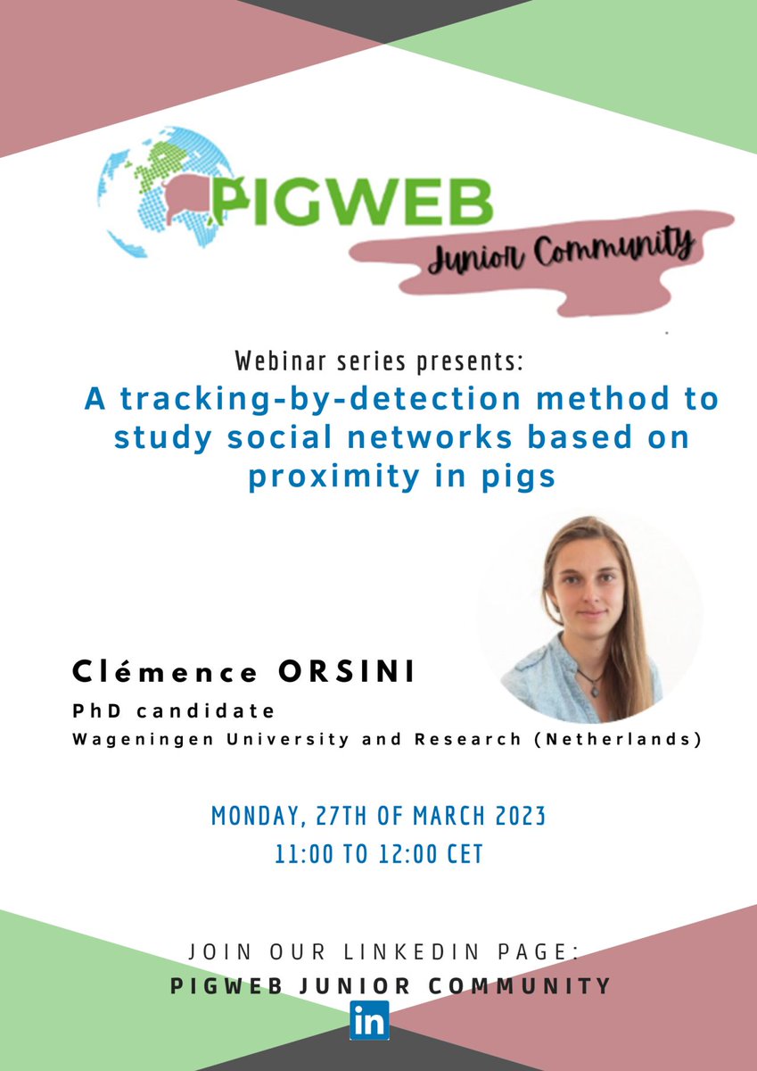 PIGWEB_H2020's tweet photo. 👩🔬Join #PIGWEB Junior Community & learn more about #pigresearch!
💻Webinar: "Pig detection and tracking approach to quantify proximity interactions using computer vision" by Clémence Orsini from @WUR
📅27 March
🕑11h-12h
🐽More information here: https://t.co/YMIda5KdtR https://t.co/rdctYrfOqc