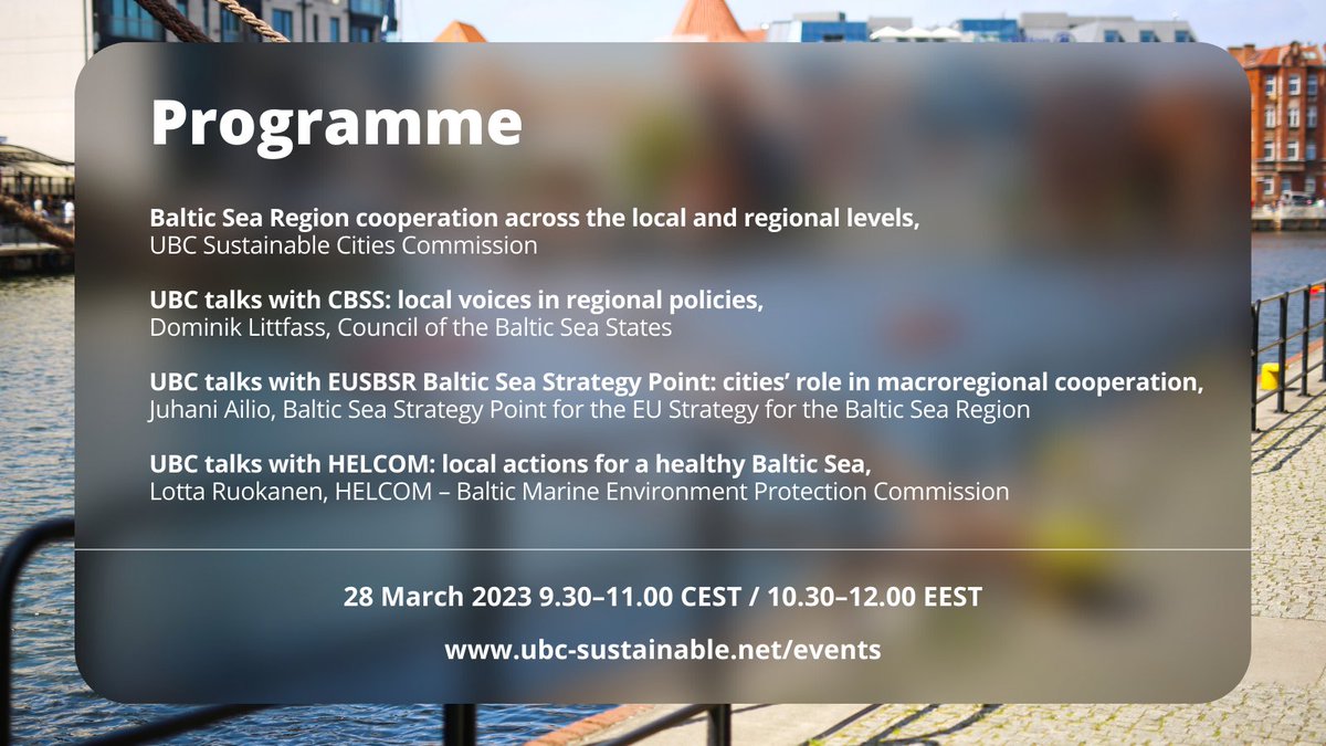 UBC_Sustainable's tweet photo. Regional cooperation is key for #UBC_BSR sustainable vision 2030, so at #UBCTALKS webinar on 28 March we meet with key regional stakeholders to discuss the role of cities on the macroregional arena!
Join us to hear from @EUSBSR Baltic Sea Strategy Point: https://t.co/DJDmBzT23c https://t.co/JyoHZ4dn4M