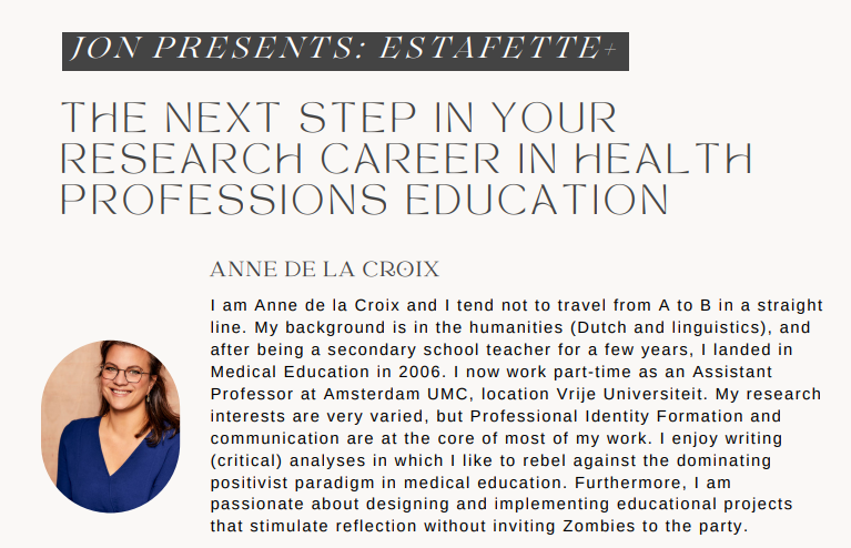 NVMO promovendi en jonge onderzoekers (@nvmo_jon) on Twitter photo Did you register for the JON Estafette+ 'The Next Step in your Research career in Health Professions Education'?
lnkd.in/eiEqWKyS Meet our facilitator <a href="/anne_croix/">Anne de la Croix</a> Did you register for the JON Estafette+ 'The Next Step in your Research career in Health Professions Education'?
lnkd.in/eiEqWKyS Meet our facilitator <a href="/anne_croix/">Anne de la Croix</a>