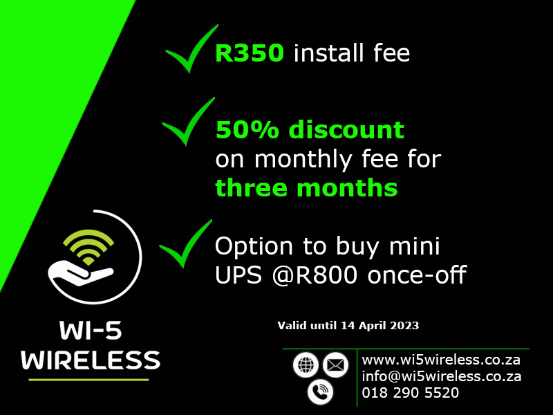 Wi5Wireless's tweet photo. Looking for affordable, reliable internet? Then Wi-5 Wireless ISP #PlaaslikPotch is your answer 🙂

Sign up here: https://t.co/HikAWqnYA2

#Wi5Wireless #GrabIt #Uncapped #Unshaped #Unthrottled #CustomerService

https://t.co/BhyFl9yPx0
018 290 5520
info@wi5wireless.co.za https://t.co/qY8nPmBCou