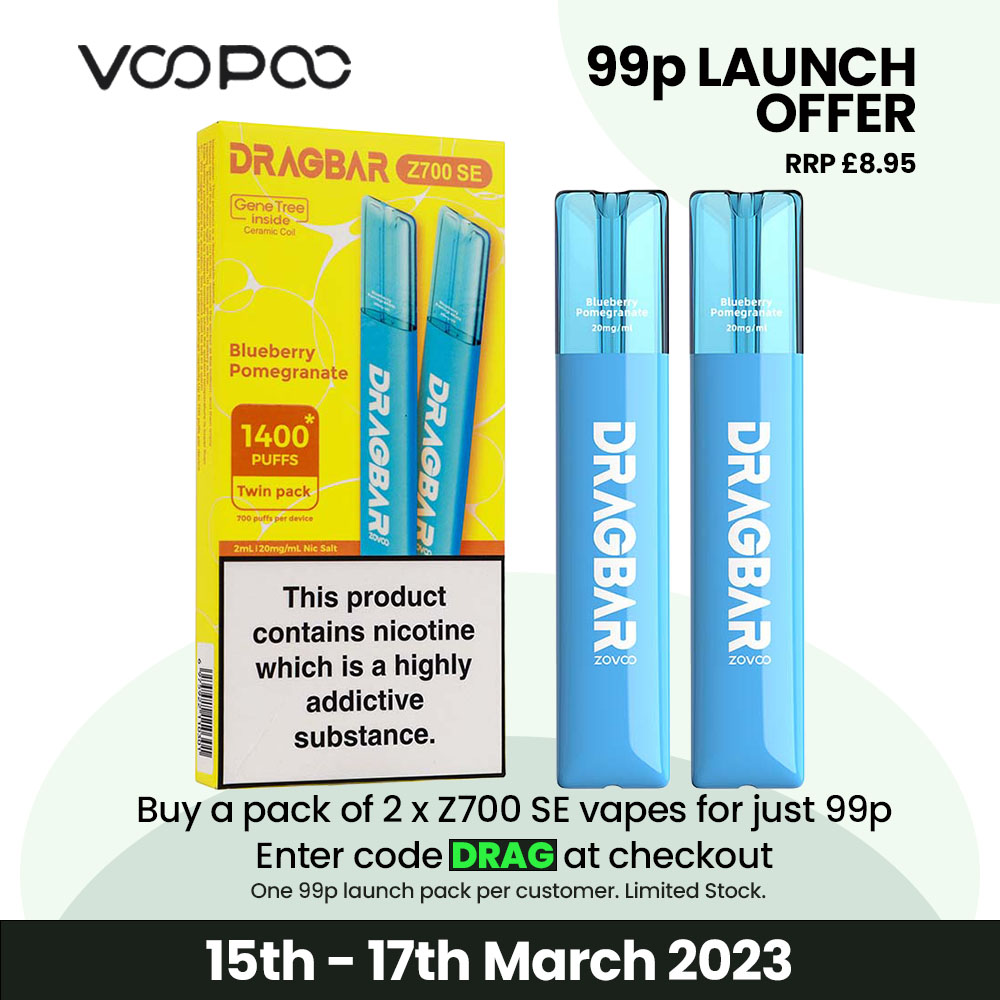 For 3 days only buy 2 Dragbar Z700 Se Disposables for just 99p! (RRP £8.95) Use code: DRAG at checkout. Limited stock. 1 x 99p pack per customer. 
+ try  the other flavours in the range for just £3.99 per pack. 
Offers both end at midnight on  17th March
vapourcore.com/search?type=pr…