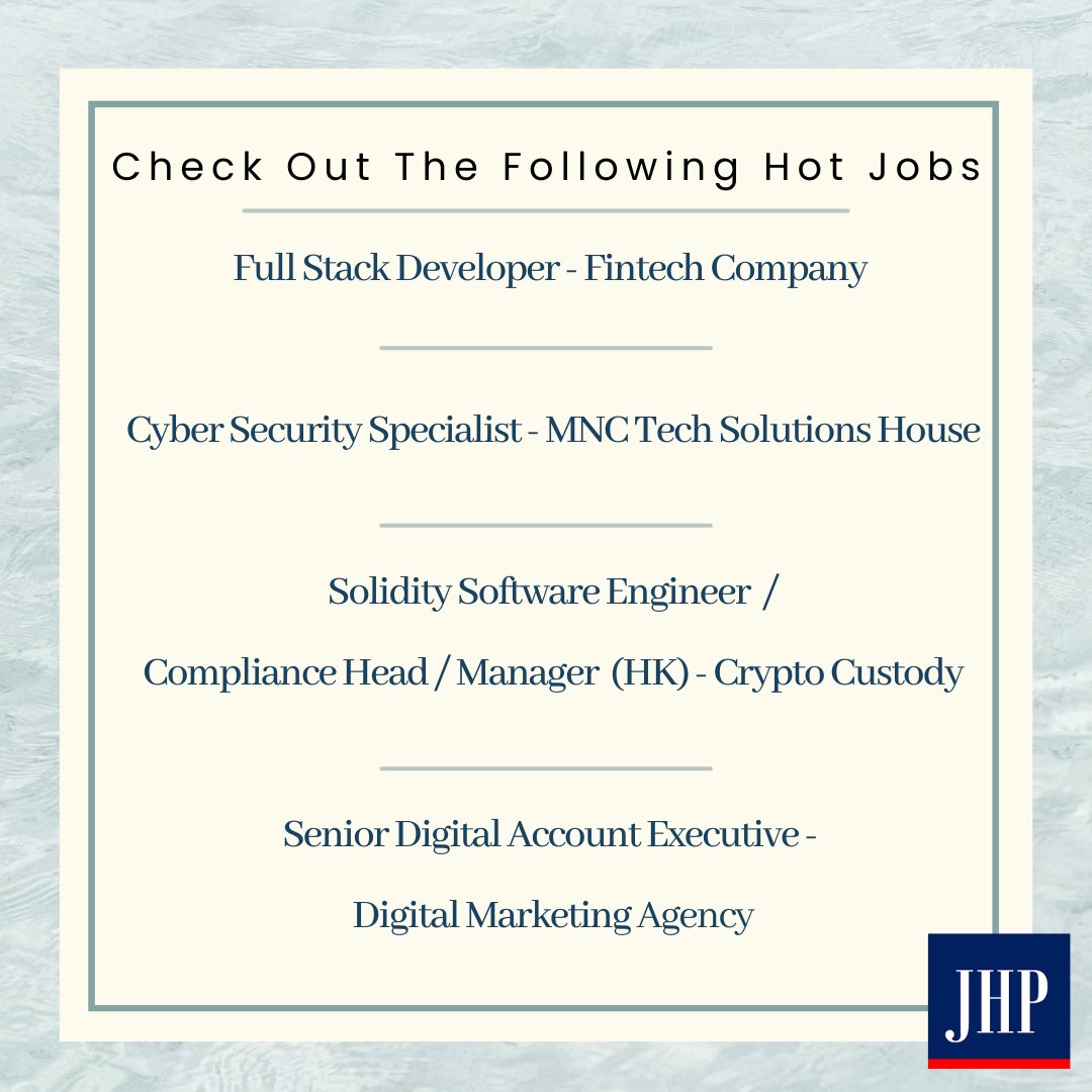 JHPartners_Asia's tweet image. Hi everyone!
For details, please reach out to our consultant Natalie So @spamii22 , (natalieso@jhpasia.com)
#stackdeveloper
#fintech
#cybersecurity
#mnc
#mncjobs
#crytpto
#compliance
#digitalmarketing
#digitalmarketingagency