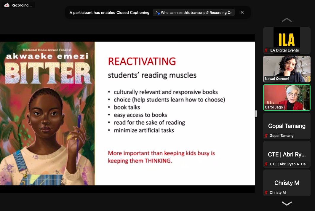 So appreciative to the educators across the globe who gathered for the @ILAToday webinar to think about closer reading @CarolJago We talked about the power of books, layering texts + choice, and shouted out some books we love. @aida_writes @jasminewarga @sabaatahir included!♥️