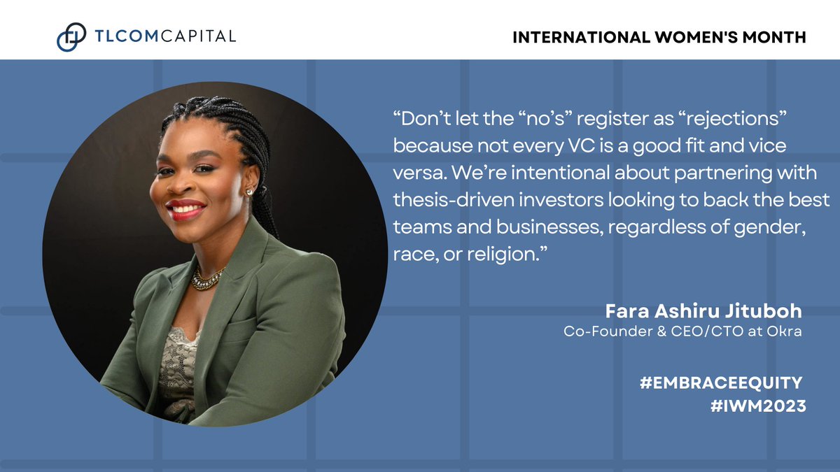 TLCOMCapital's tweet photo. Fara Ashiru Jituboh is the CEO & Co-Founder of our portfolio company @okra_HQ - Africa's Open Finance API.
She shared an insight into the mindset which has helped her secure over $4.5mn in funding for her startup👇🏾
#iwm #embracequity #startup https://t.co/PNXBiCqpKk