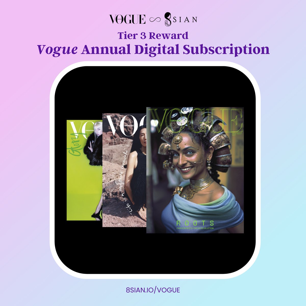 👀 REVEAL FINAL TIER OF LOVE METER REWARDS  ‼️

💖<a href="/voguesingapore/">Vogue Singapore</a> x @8sianNFT FROM BLOCKCHAIN TO LOVE CHAIN💖

50x <a href="/voguemagazine/">Vogue Magazine</a>  annual digital subscription to be given away to 50 lucky holders of Love Chain Nft!

🎁 #Giveaway to x1 Lucky Winner!
-Like-RT
-Tag 2 Frens
-24 HRs