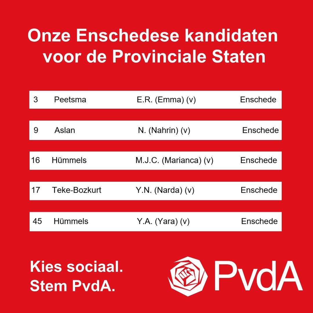 🗳️ Vandaag zijn de Provinciale Statenverkiezingen! Kies sociaal, stem PvdA! 🌹 

Stem op een van onze Enschedese kandidaten: <a href="/EmmaPeetsma/">Emma Peetsma</a> (3), Nahrin Aslan (9), <a href="/mariancah/">mariancah</a> (16), @bozkurtteke (17) of @YaraHummels (45) ✊