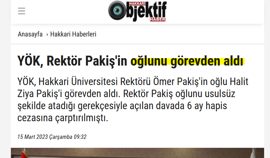 AcademikAhlak's tweet photo. Hakkari Üniversitesi rektörü 28 adayı eleyip 29. sıradaki oğlunu araştırma görevlisi olarak atamasına ve bu torpil nedeniyle 6.5 ay hapis cezası almasına rağmen bir dönem daha rektör olarak atanmıştı.

O rektör oğlunu görevden aldı: https://t.co/1qUWmE2Tg0