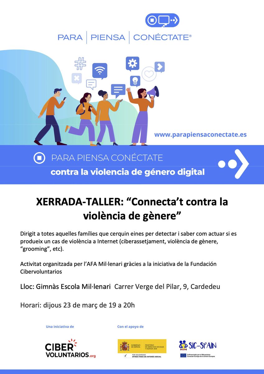 amilenari's tweet photo. Des del grup de xerrades de l'AFA Mil·lenari us proposem aquesta #xerrada/taller sobre el problema de la #violència de gènere a les #XarxesSocials. 
🗓️ Dijous 23 de març de 19h a 20h
📍 Gimnàs @EscolaMillenari 
Us hi esperem!!

@cibervoluntario https://t.co/rmIhnJ64su