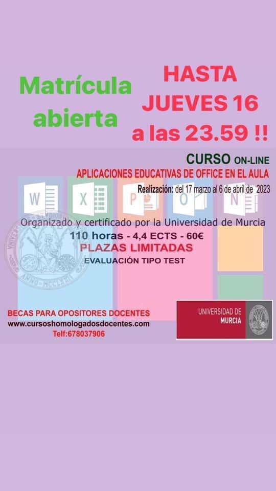 ÚLTIMOS DÍAS!!!
👉CURSO 100% ONLINE CERTIFICADO E IMPARTIDO POR LA      UNIVERSIDAD PUBLICA DE MURCIA   
👉Más información de éste y de otros cursos en   
👉👉Web: eventos.um.es/61881/section/…           
👉👉Teléfono de contacto: 678037906 (también whatsaap)