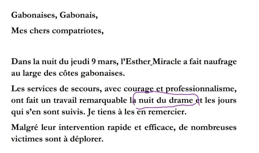 Gabon1_free's tweet photo. #NaufrageEstherMiracle #OneDeathSummit les révélations faites et des témoignages des rescapés, il ressort que les naufragés sont restés 4h de temps durant sans présence d’un seul bateau de secours @RFI @Nath_Yamb @UN @ABC @BBCBreaking @Mediapart @afpfr @PeterBradyAkewa https://t.co/E6HzaV0MFW