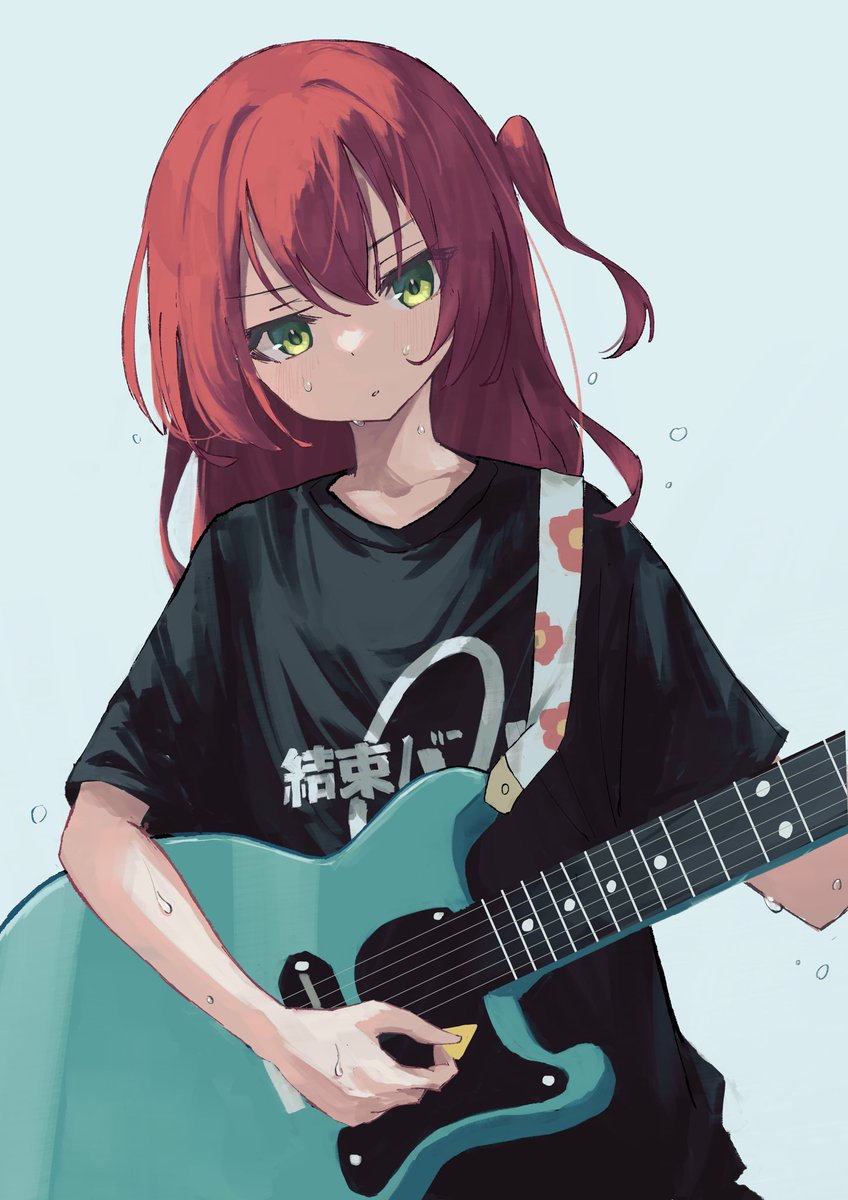 1girl shirt solo instrument guitar black shirt red hair  illustration images
