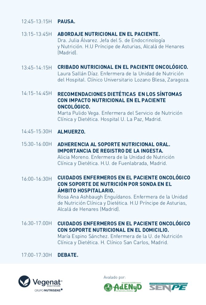 💬Hoy estamos impartiendo en Madrid el I Curso para enfermería: La nutrición también se cuida. 🗒️Cuidando la nutrición del paciente oncológico. 

👩🏻‍⚕️Coordinado por <a href="/Ashbaugh77/">Rosana</a> 

✅Avalado por: <a href="/SENPE_/">SENPE</a> y <a href="/adenyd_asoc/">Asociación de Enfermer@s de Nutrición y Dietética</a>