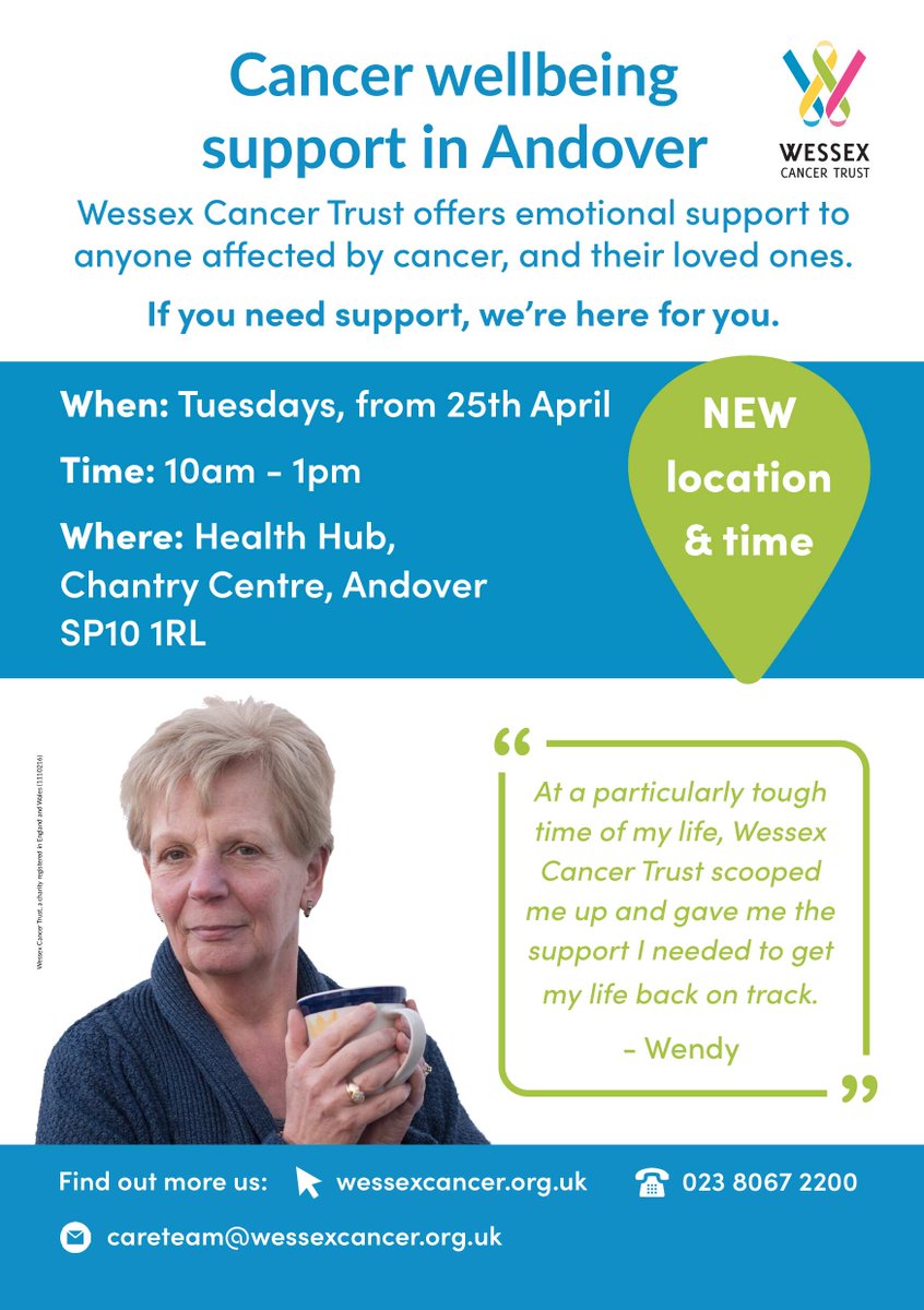 AndoverPCN's tweet photo. From the 25th April, we will have Wessex Cancer Trust joining us at the Health Hub in the Chantry Centre every Tuesday between 10am and 1pm.
Anyone affected by cancer can simply drop in, have a cup of tea and chat with a member of the team. https://t.co/nKkJwmCB4Q